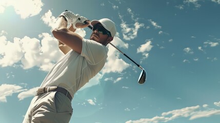 golf player looking forward after his shot, close-up in low angle view