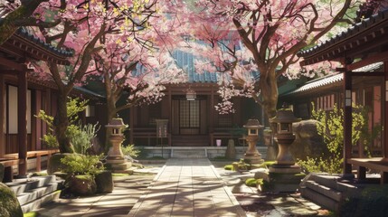 A tranquil temple courtyard adorned with sakura trees, offering a peaceful retreat amidst the bustle of city life.