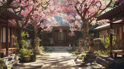 Fototapeta premium A tranquil temple courtyard adorned with sakura trees, offering a peaceful retreat amidst the bustle of city life.