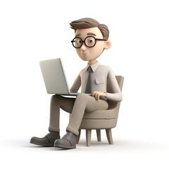 An illustration 3D character in Notion style, with a professional look and business attire, sitting at a desk on a white background