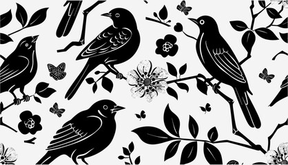 Hand drawn Vector illustration, Various black birds, flowers, leaves. Different clipart set, silhouette collection. Linocut style. Isolated design elements. Icon, ornament, print, decoration templates