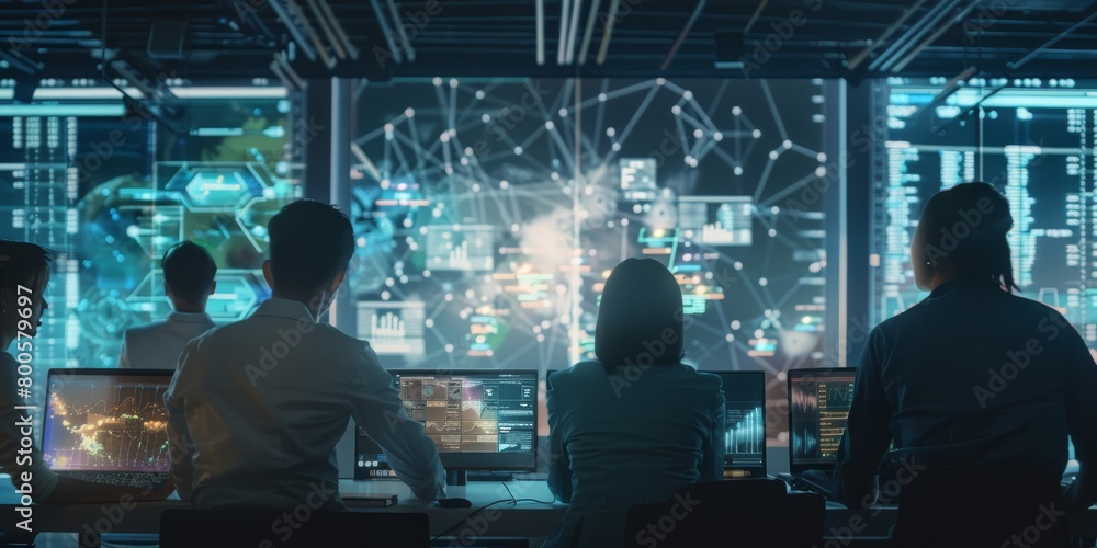 Poster group of engineers designing wireless network in modern office setting