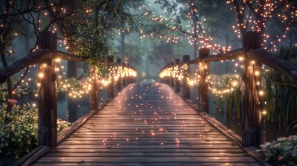 A tranquil twilight scene featuring a wooden footbridge adorned with fairy lights, creating a magical atmosphere for romantic encounters and quiet reflection.