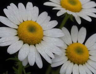 Dew-Covered White Daisies Blooming Against a Dark Background in Early Morning