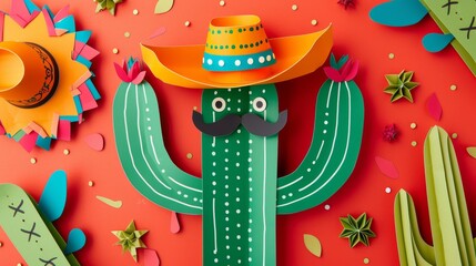 Meet our cheerful cactus character adorned with a mustache and sombrero, bringing a quirky and fun touch to your Cinco de Mayo and Mexican celebrations. This paper art banner adds a festive flair to y
