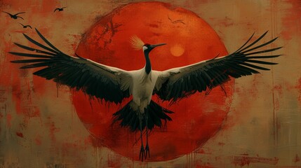 Naklejka premium Crane soaring before a large red sun