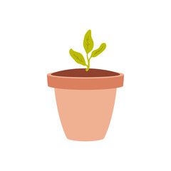 Small sprout in a flower pot. Hand drawn vector illustration isolated on white background.