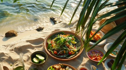 A tropical beach picnic featuring som tam salad, the perfect accompaniment to a day of sun, sand, and sea.