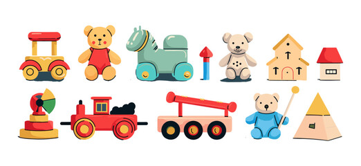 Hand drawn vector set of various isolated toys for kids: wooden train, rocking horse, teddy bear, toy cubes, xylophone, pyramid, doll house. Childhood, children games, Playtime, playthings.