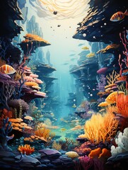 a photo mix of marine creatures, coral reefs, and floating objects in a vibrant and otherworldly underwater setting