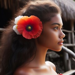 Naklejka premium Cute Polynesian girl with red poppy in her hair.