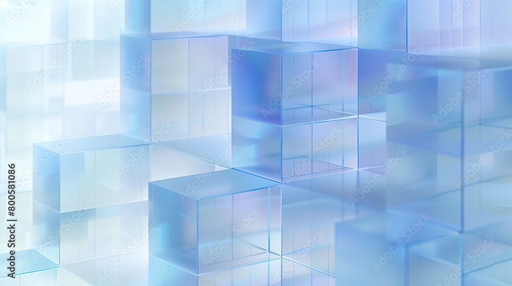 Poster a mesmerizing array of reflective cubes in different transparencies with a cool blue gradient for a 