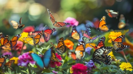 A vibrant butterfly garden abuzz with colorful fluttering wings, a kaleidoscope of nature's beauty.