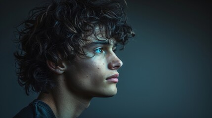 a young man with curly hair and blue eyes