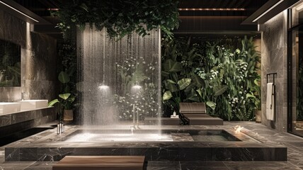 a modern spa bathroom with an integrated waterfall shower, where water flows over natural stones, offering a luxurious, nature-inspired experience