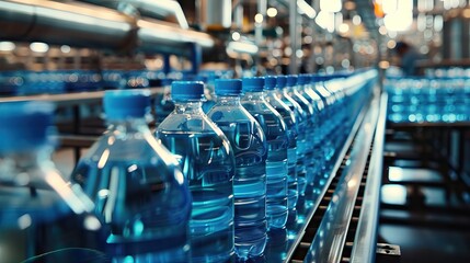 The new plastic bottles in the conveyor belt at the water drinking factory. Drinking water water manufacturing process. AI generated illustration