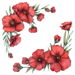 red flowers frame border vector illustration in watercolor style