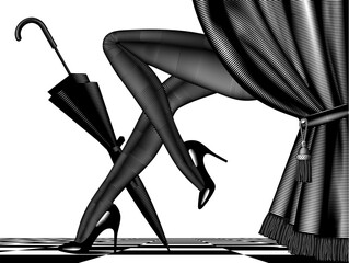Women's legs in tights, high-heeled shoes and a folded umbrella on the checkerboard floor and behind the theater curtain. Fashion concept. Drawing in vintage black and white engraving style. Vector 