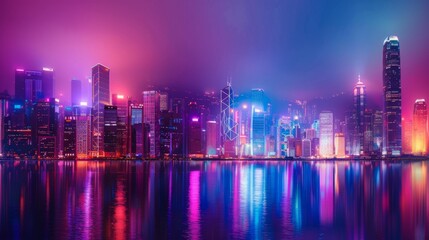 Fototapeta premium A vibrant city skyline with skyscrapers lit up in celebration of a festive occasion, showcasing the spirit and vitality of urban culture and life.