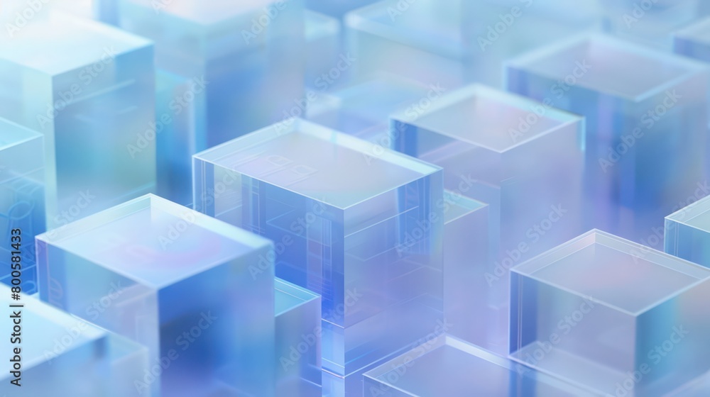 Poster dreamy image of translucent 3d blocks floating in a haze of soft blue, symbolizing structure and ima