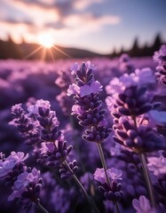 Macro photo of lavender at sunset in a purple field © Mandy