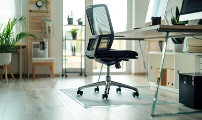 A sleek black office chair on a clear protective floor mat in a well-lit, stylish interior workspace
