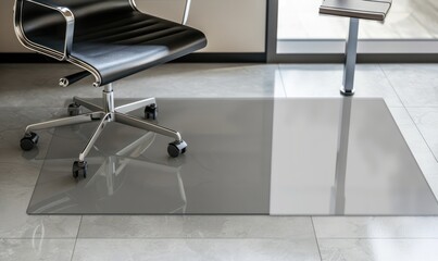 A premium black leather office chair on a transparent floor mat beside a modern metallic desk in a minimalist setting