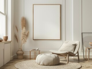 A cozy, well-lit space featuring a comfortable chair and a blank picture frame that awaits art or photography