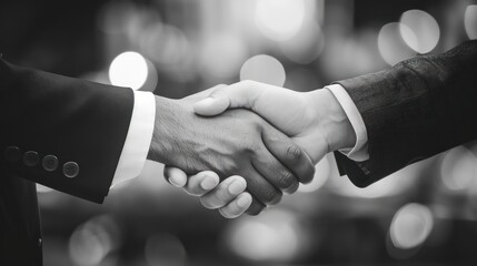 A close-up of two business people engaging in a handshake reflecting trust, partnership, and agreement in a black and white setting