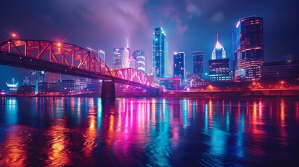A vibrant cityscape at night with a bridge illuminated by neon lights, adding a dynamic element to the urban skyline and reflecting in the shimmering river below