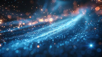 Fototapeta premium glowing particles with bokeh effect on dark blue background.