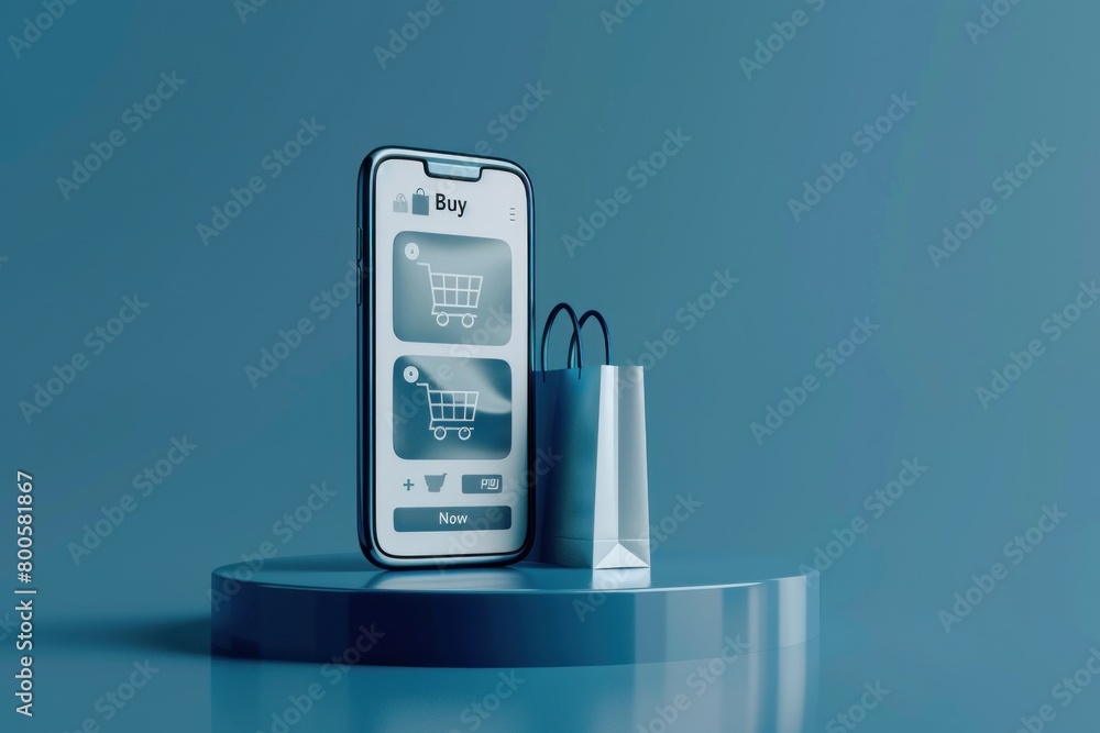 Poster a cell phone with a shopping app on it is displayed on a blue surface. the app shows a shopping cart
