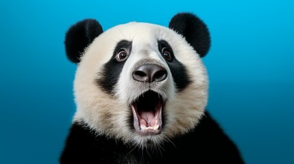 Panda looking surprised, reacting amazed, impressed, standing over yellow background.