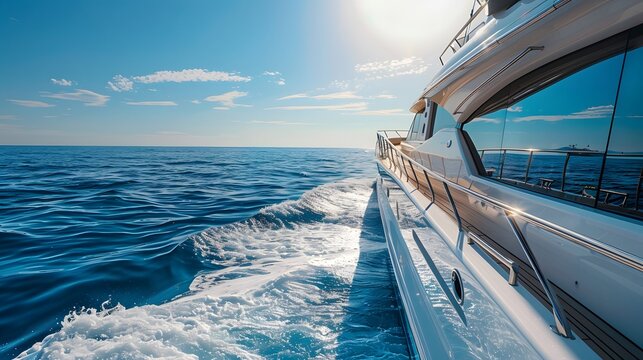 Luxurious Yacht Sailing Through Crystal Blue Ocean Waters on a Sunny Day.