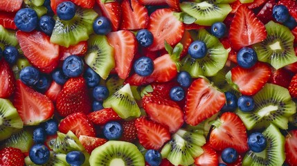 A vibrant fruit salad featuring a medley of strawberries, blueberries, and kiwi slices, bursting with color and flavor.