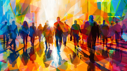 Colorful low-poly art silhouettes of moving diverse people