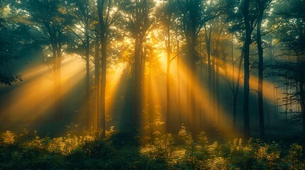 Obraz premium Dawn's Golden Whisper in the Misty Woods