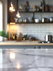 A luxurious kitchen scene blurred in the background highlighting the sleek marble countertop in the foreground