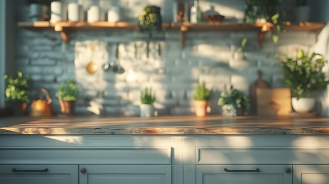 A high-quality image showing a detailed wooden tabletop with a stylish kitchen blurred in the background