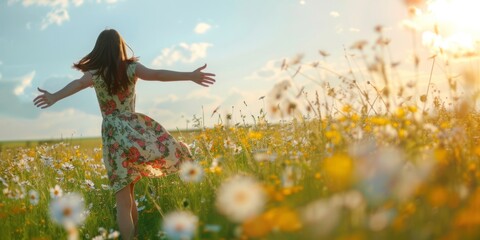 happy woman wearing flower dress run on meadown in rear view. - Powered by Adobe