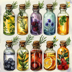 Watercolor clipart set featuring essential oil bottles with chic, intricate hand-drawn details. Perfect for aromatherapy labels, wellness blogs, and natural product branding.