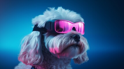 petfluencer character Maltese Poodle dog in VR goggles illuminated with pink light against neon blue background.