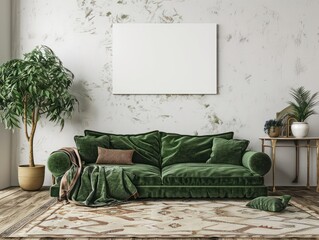 interior living room with a bohemian contrasting green couch in a light ambiance