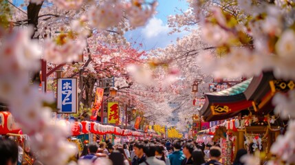 A vibrant street festival celebrating the sakura season, with colorful floats and lively performances under a canopy of blossoms.