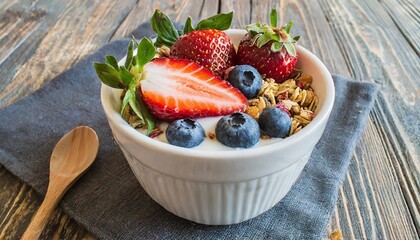 a bowl of oats, strawberries and blueberries