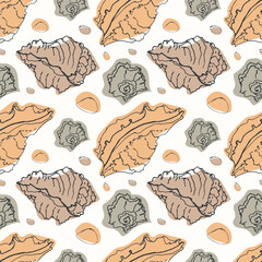 Seamless pattern with seashells. Hand-drawn. Line and spot. For textiles, wrapping paper, fashion
