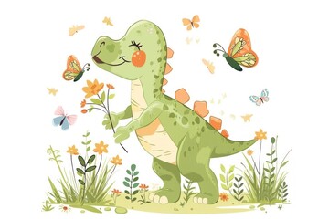 A cartoon dinosaur is holding a flower in its hand. The scene is filled with butterflies and flowers, creating a whimsical and playful atmosphere