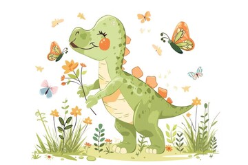 Obraz premium A cartoon dinosaur is holding a flower in its hand. The scene is filled with butterflies and flowers, creating a whimsical and playful atmosphere