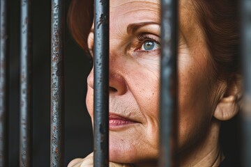 a female prisoner in a robe is serving time in a prison cell behind bars
