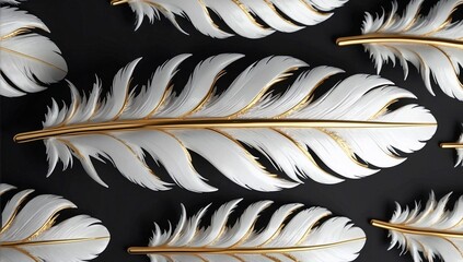 Feathered Elegance: A Stunning Collection of White Feathers with Gold Accents on a Black Background